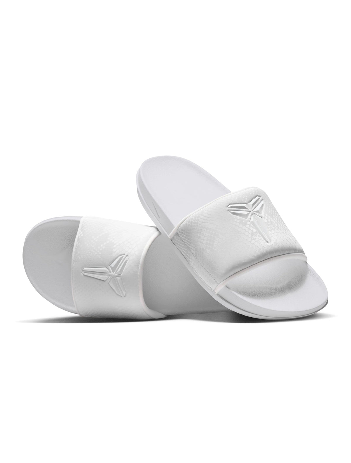 White Nike men's Kobe Offcourt slides with cushioned footbed and slip-on design