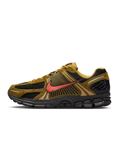 Nike Men's Zoom Vomero 5 Premium Olive sneakers, side view showing olive-toned layered mesh and leather panels