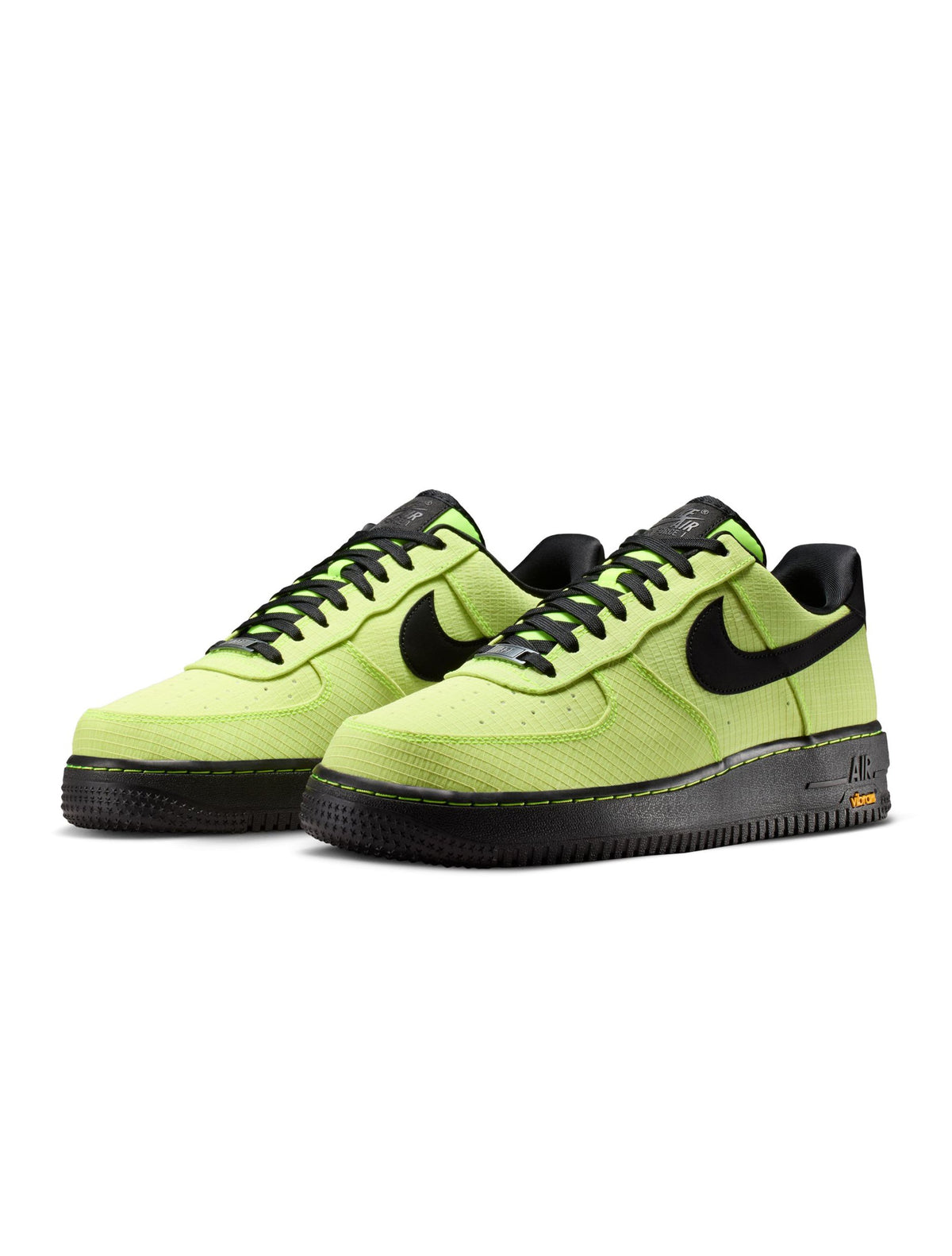 Nike men's Air Force 1 '07 LX Vibram Volt sneakers, high-top footwear with vibrant yellow accents and classic design details.