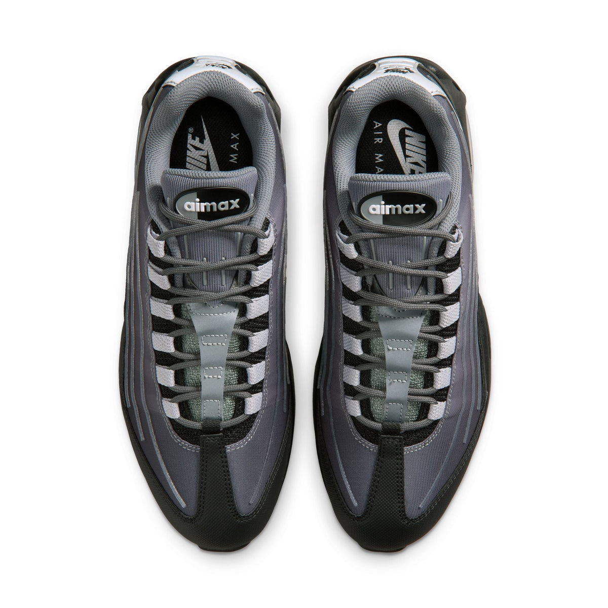 Nike men's Air Max 95 Tech footwear in black and wolf grey, side view