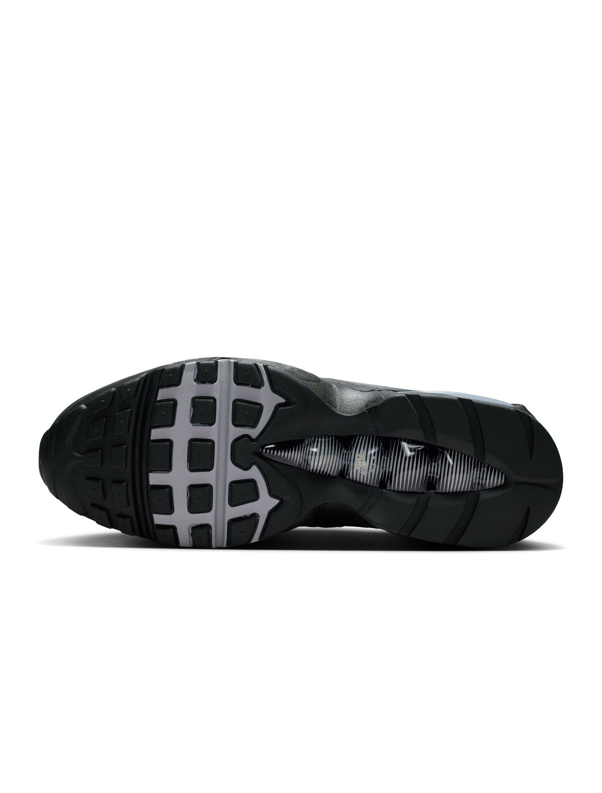 Nike men’s Air Max 95 Tech sneakers in black and wolf grey, side view