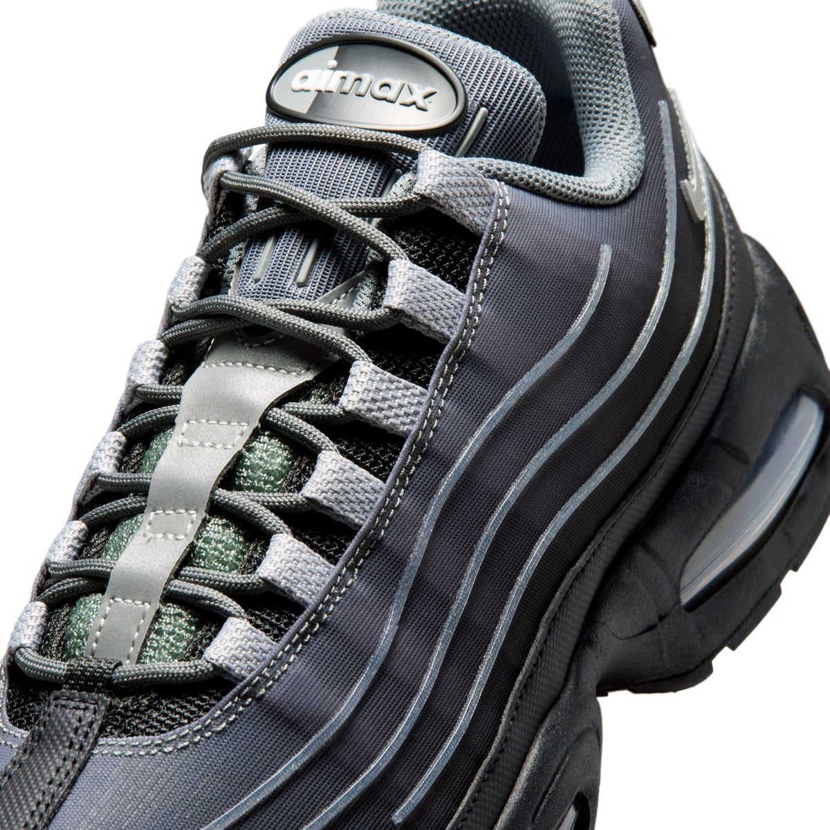 Nike Men's Air Max 95 Tech sneakers in black and wolf grey mesh with layered panels and visible Air cushioning