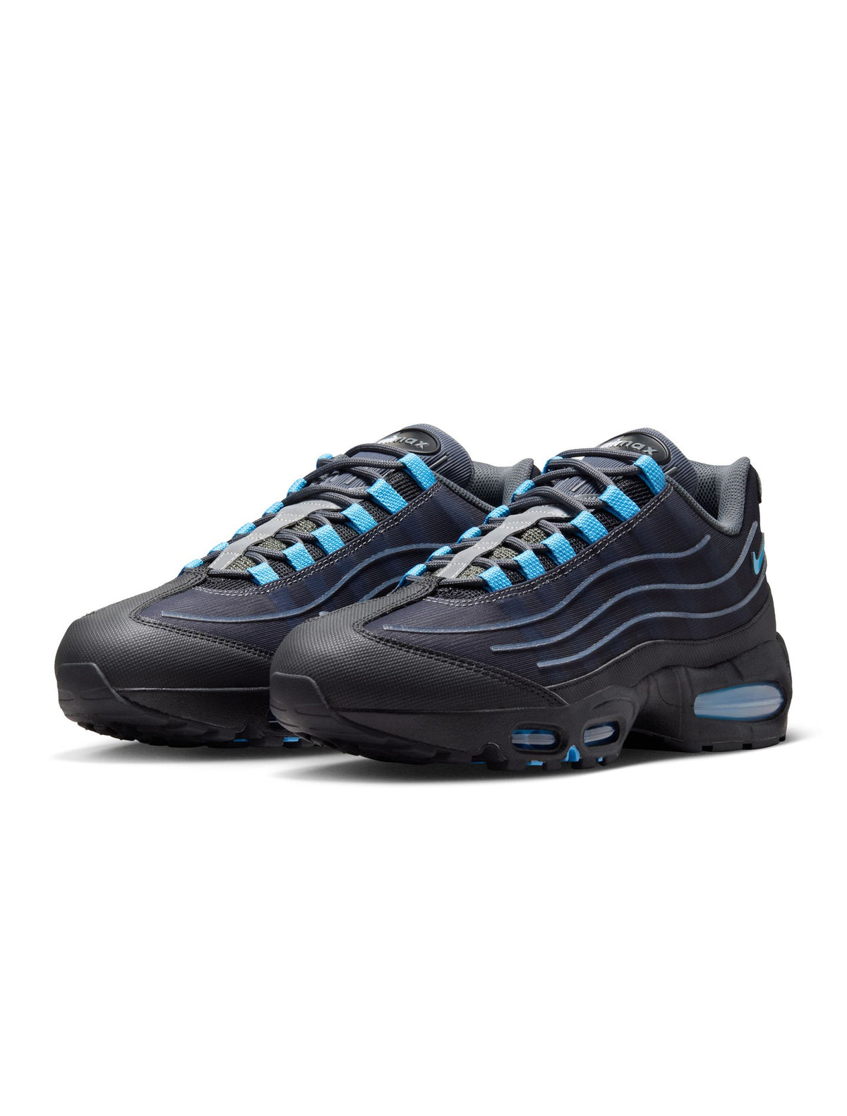 Nike men's Air Max 95 Tech footwear in black with University Blue accents