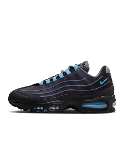 Nike men's Air Max 95 Tech footwear in black and university blue, side view