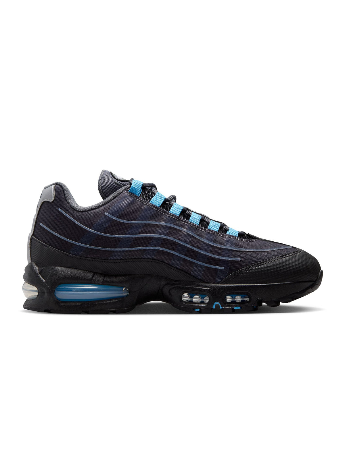 Nike men's Air Max 95 Tech footwear in black and University Blue