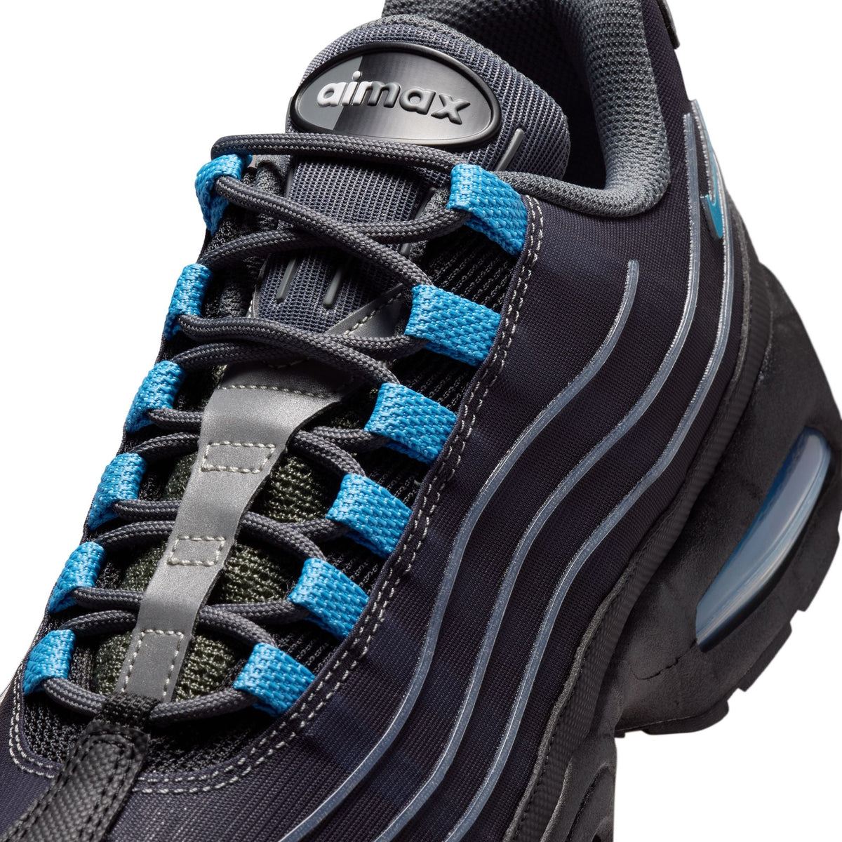 Nike Men's Air Max 95 Tech footwear in black with University Blue accents, side view