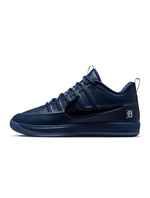 Nike men's Book 2 Detroit Tigers sneakers in navy and orange with mesh and leather details, displayed on a plain background.