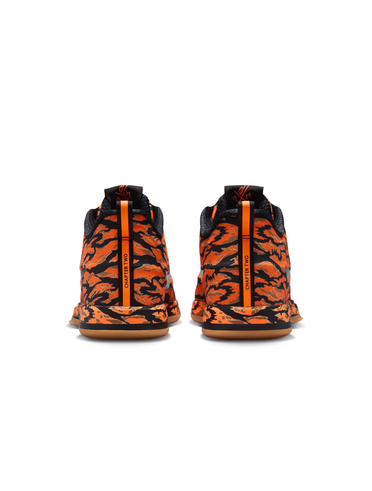 Nike Mens Book 2 Tiger Camo sneakers in black and orange with camouflage pattern, showcasing athletic men's footwear.