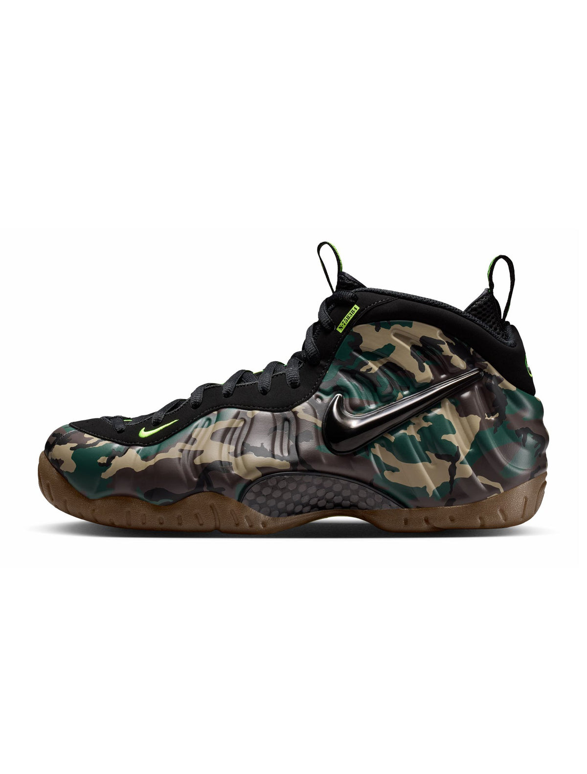 Nike men's Air Foamposite Pro PRM army camouflage sneakers, stylish men's footwear with bold camo pattern and Nike branding.