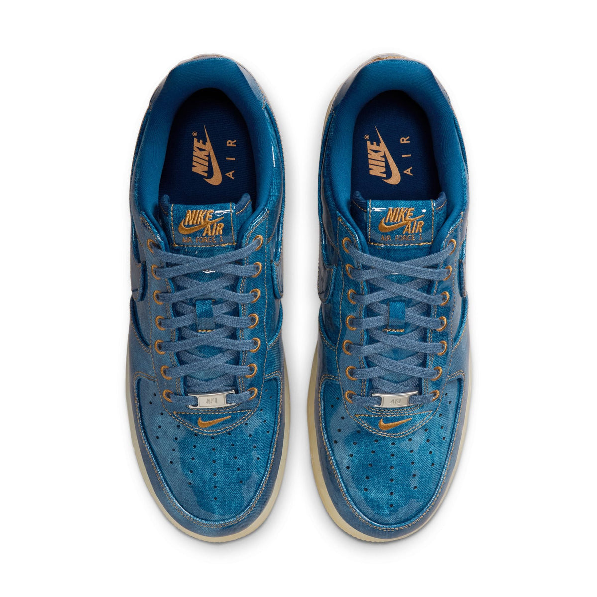 Nike men’s Air Force 1 Retro patent denim sneakers by Denim Exchange in blue and white.