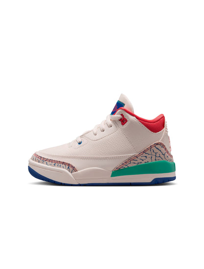 Preschool Air Jordan 3 Retro sneakers in white and red with Nike logo, casual athletic footwear for kids.