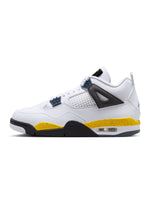 Men's Air Jordan 4 Retro Tour Yellow sneakers with black accents, showcasing the iconic basketball shoe design.