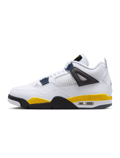 Men's Air Jordan 4 Retro Tour Yellow sneakers with black accents, showcasing the iconic basketball shoe design.