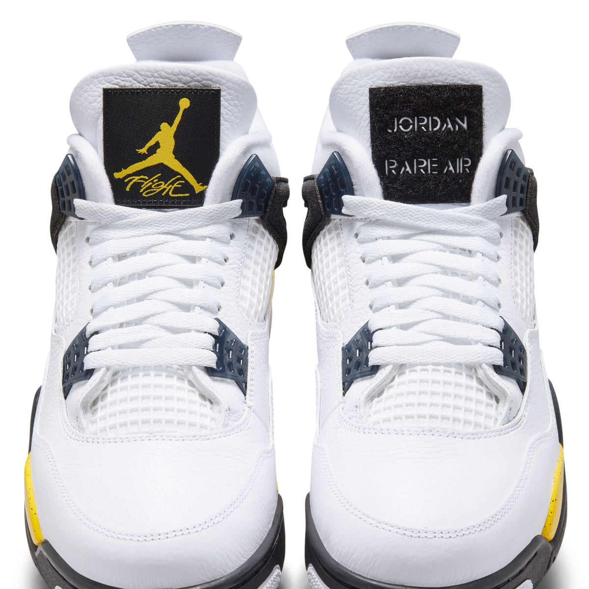 Men's Air Jordan 4 Retro Tour Yellow sneakers, stylish footwear with yellow accents and classic design, on a white background.