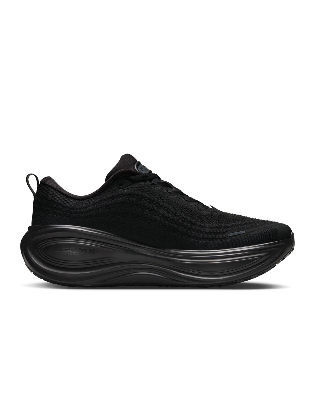 Black Nike Men's Vomero Plus footwear, side view sneaker with cushioned sole