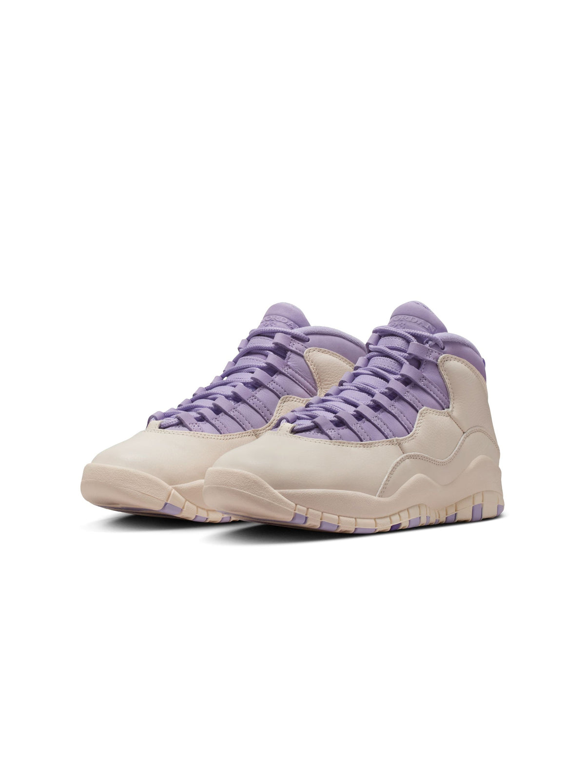 Women’s Air Jordan 10 Retro Hydrangeas sneakers by Denim Exchange in white, black, and purple detailing