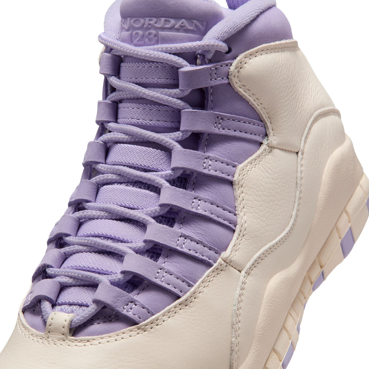 Women's Denim Exchange Air Jordan 10 Retro Hydrangeas sneakers in white and purple contrast design