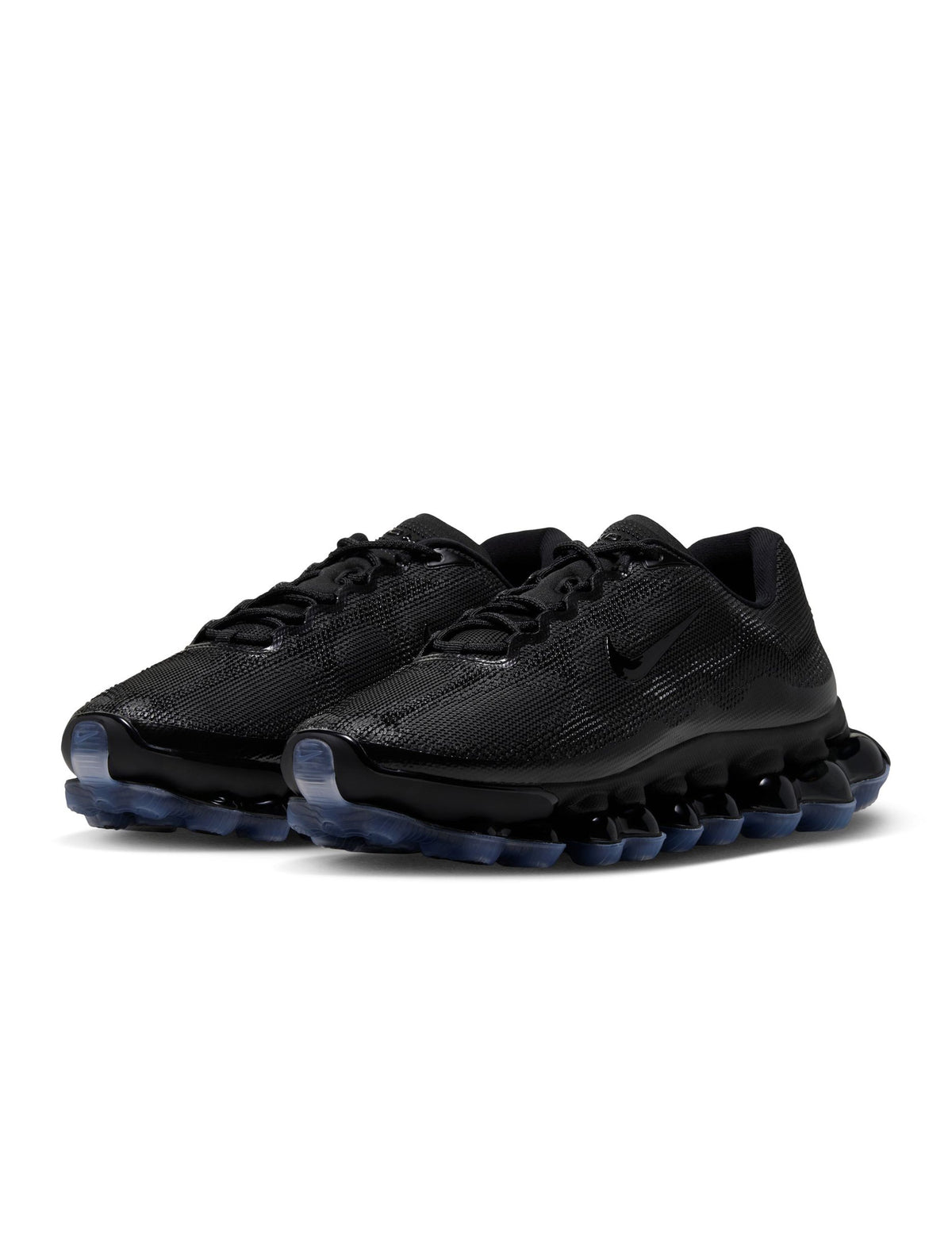 Black Nike Men's Air Liquid Max sneakers featuring sleek design and breathable material, displayed on a neutral background.