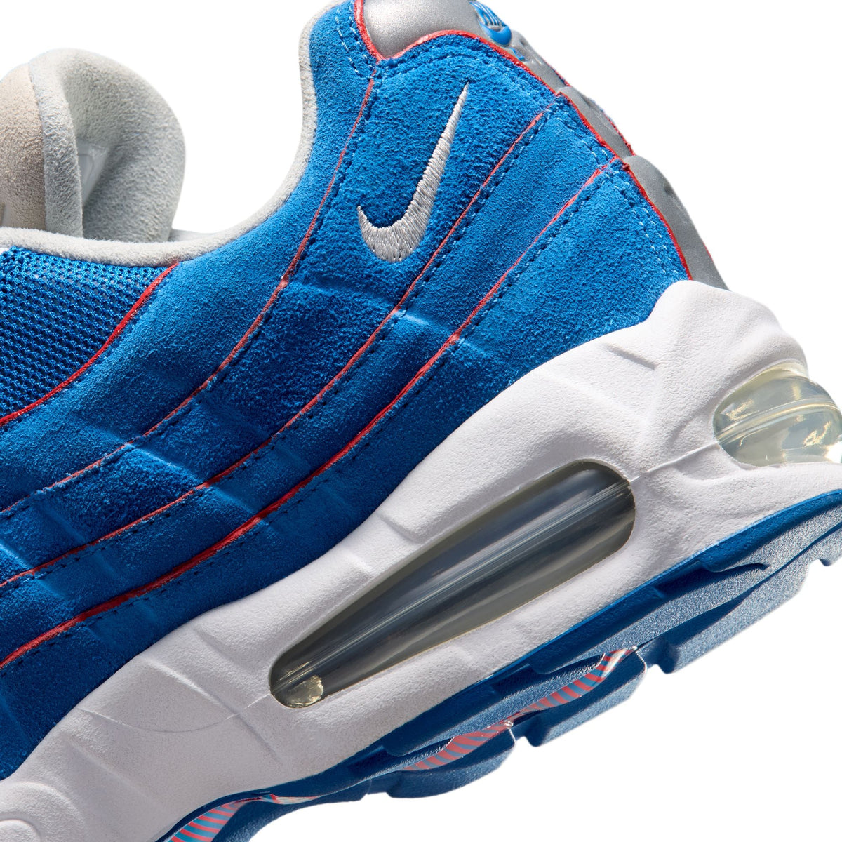 Nike Mens Air Max 95 Big Bubble sneakers in blue and gray with visible air cushioning, styled for casual wear.