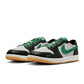 Men's Air Jordan 1 Retro Low Pine Green sneakers featuring green and black leather design, casual athletic footwear.