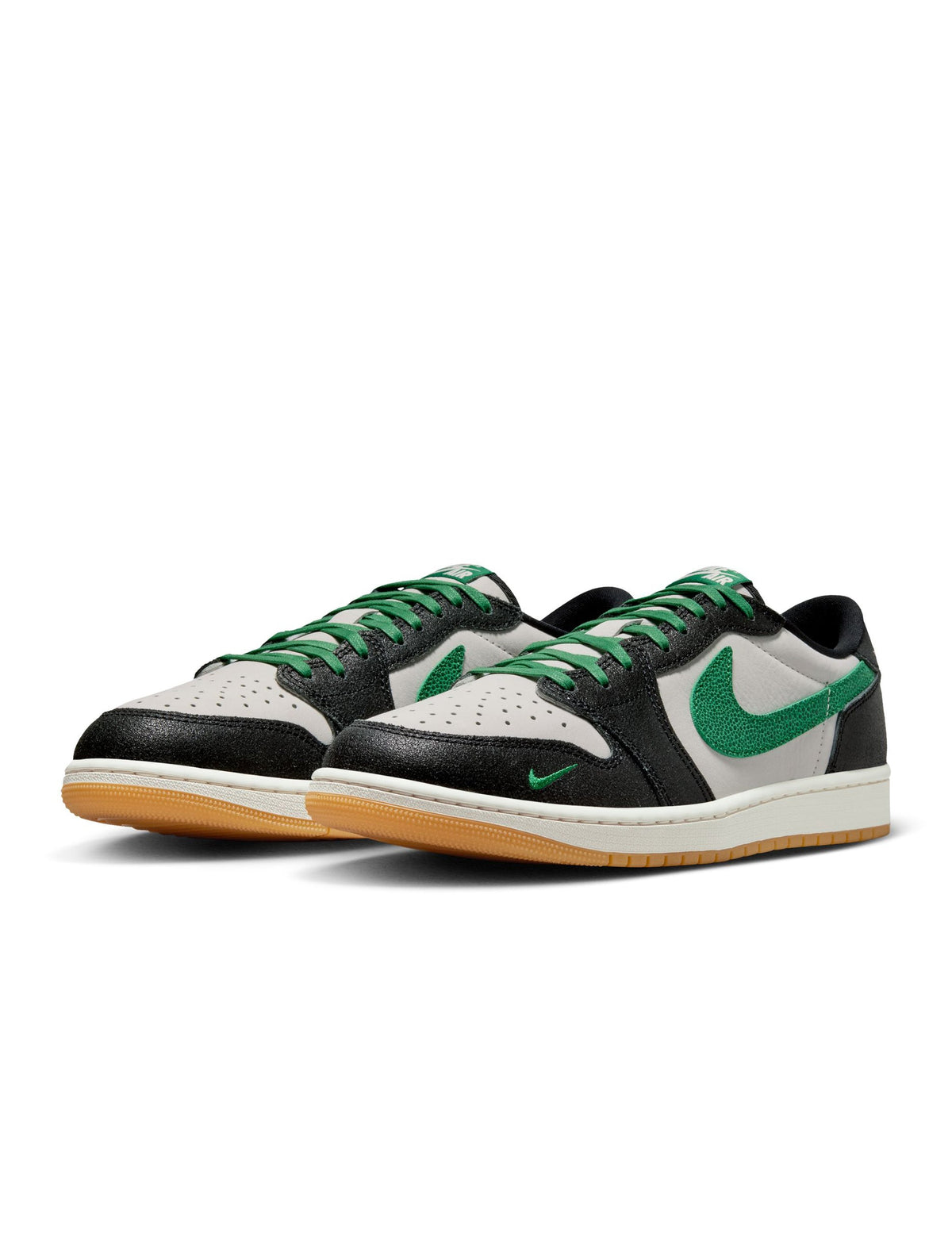 Men's Air Jordan 1 Retro Low Pine Green sneakers featuring green and black leather design, casual athletic footwear.
