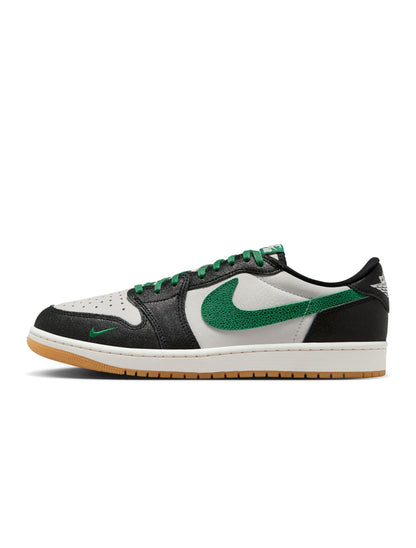 Men's Air Jordan 1 Retro Low Pine Green sneakers in black and green leather, featuring classic Nike swoosh and low-top design.