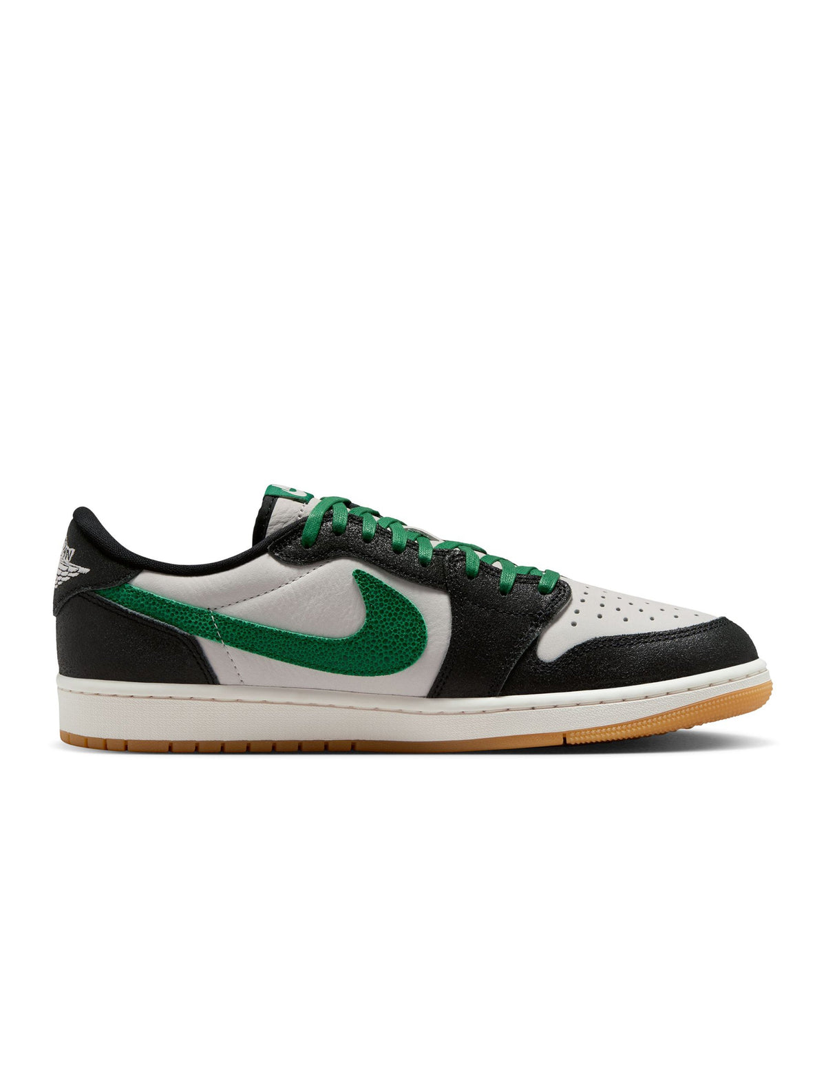 Men's Air Jordan 1 Retro Low Pine Green sneakers featuring green and black color blocking, high-quality leather, and iconic design.