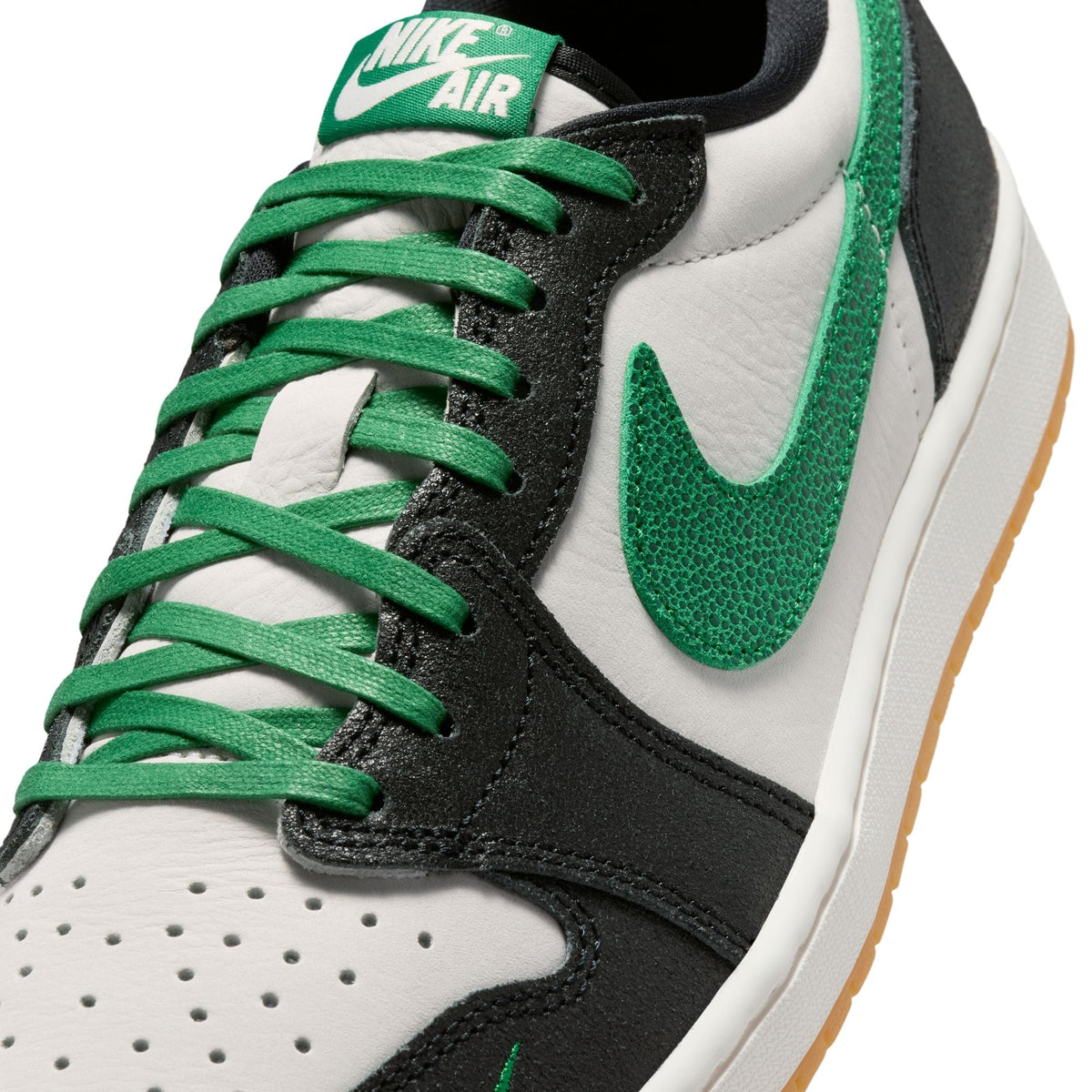 Men's Air Jordan 1 Retro Low Pine Green sneakers in a stylish low-top design, featuring green and black color accents.