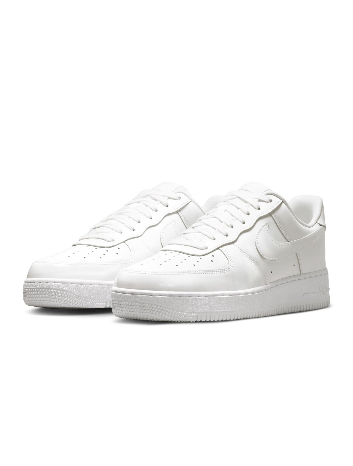 Nike men's Air Force 1 '07 Premium white sneakers, side view, featuring classic low-top design and clean leather finish