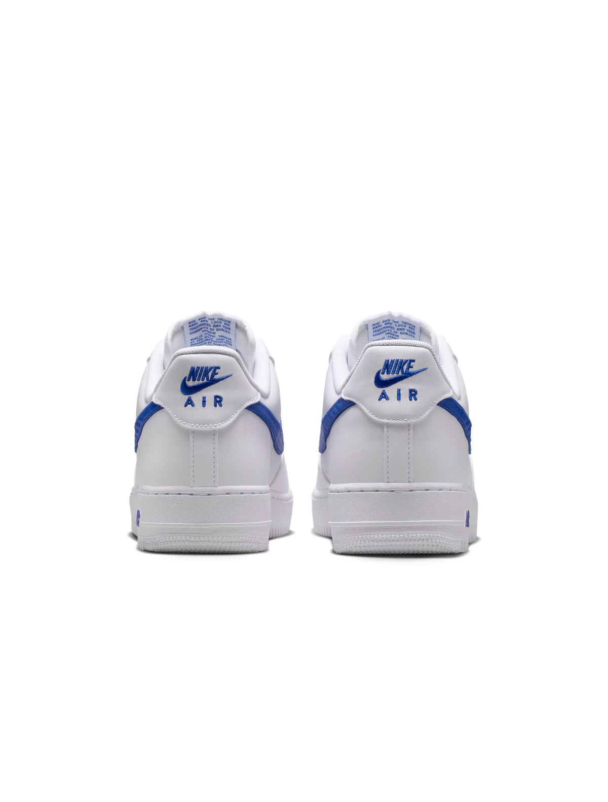 White and game royal Nike Men's Air Force 1 '07 sneakers, showcasing the classic design and Nike branding.