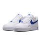 White and game royal Nike Air Force 1 '07 men's sneakers with a classic design and Nike branding.