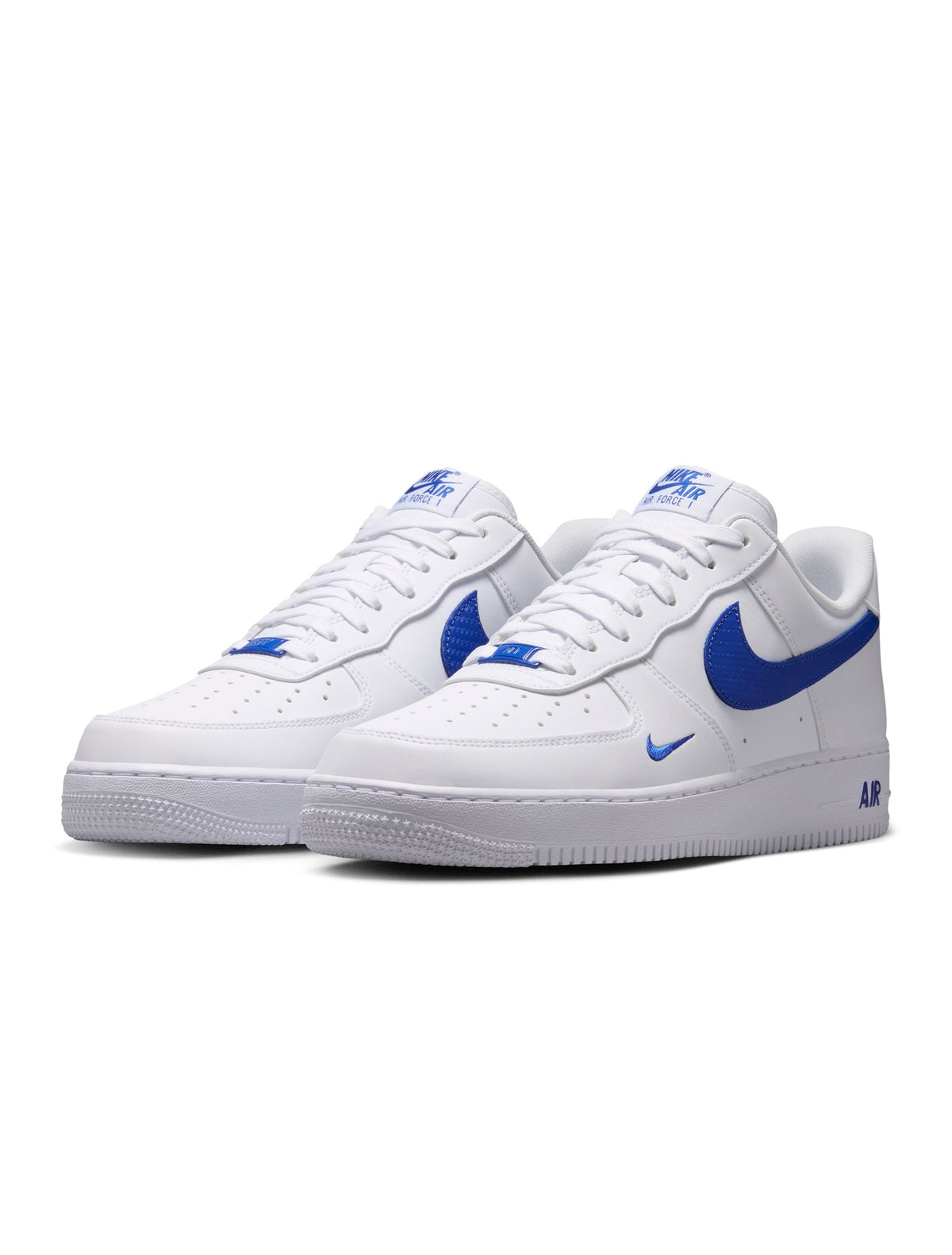 White and game royal Nike Air Force 1 '07 men's sneakers with a classic design and Nike branding.