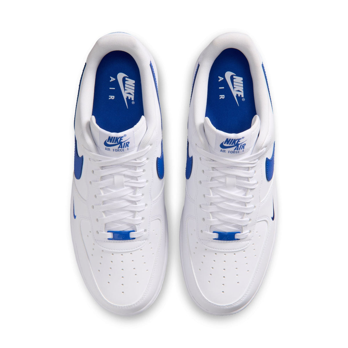 Men's Nike Air Force 1 '07 sneakers in white and game royal with leather upper, white midsole, and classic design.