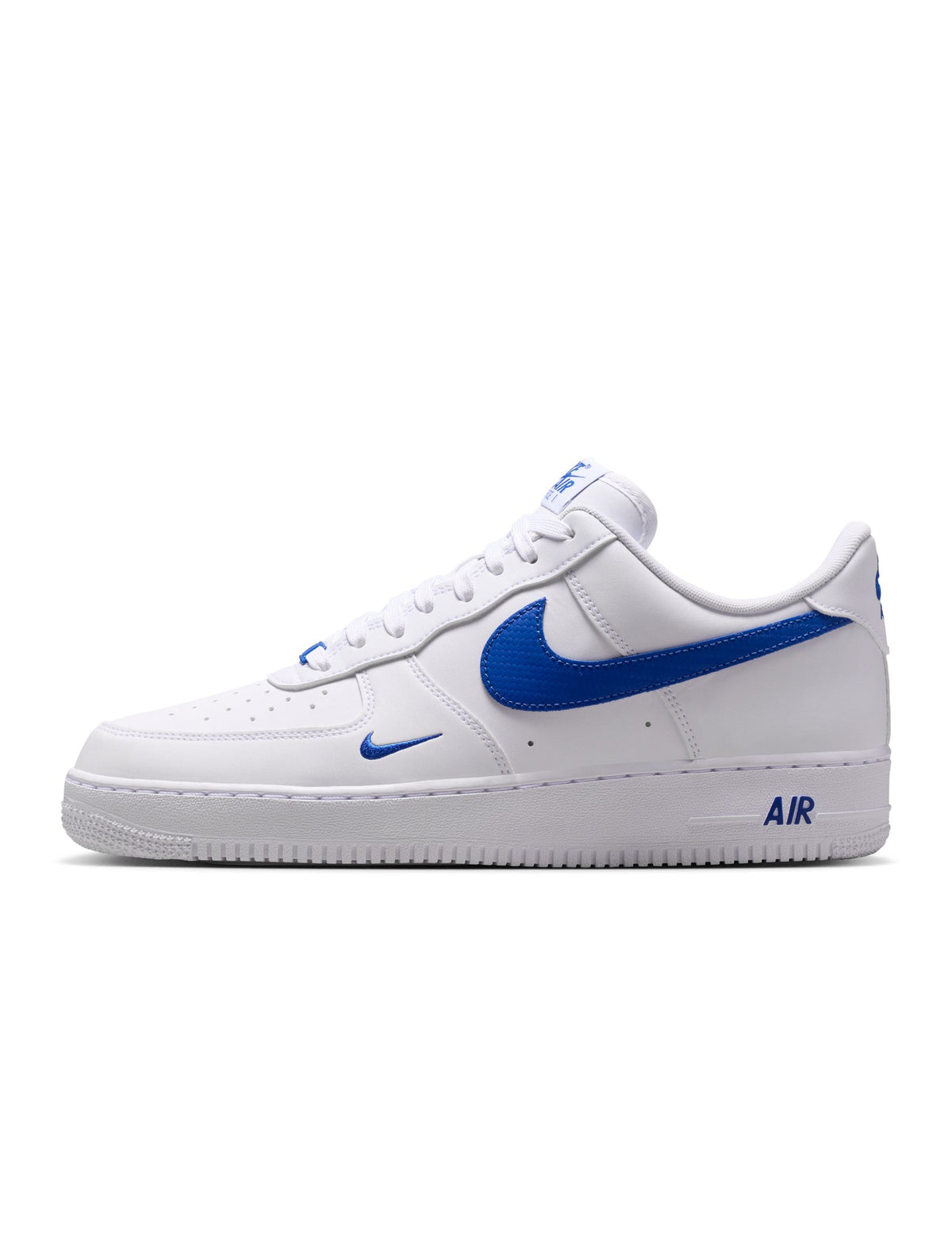 Nike men's Air Force 1 '07 sneakers in white and game royal, showcasing the classic design and color contrast of these footwear shoes.
