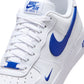 White and game royal Nike Air Force 1 '07 men's sneakers with leather upper and iconic design.