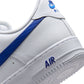 Nike Men's Air Force 1 '07 white and game royal sneakers, front view showing classic design and Nike logo.
