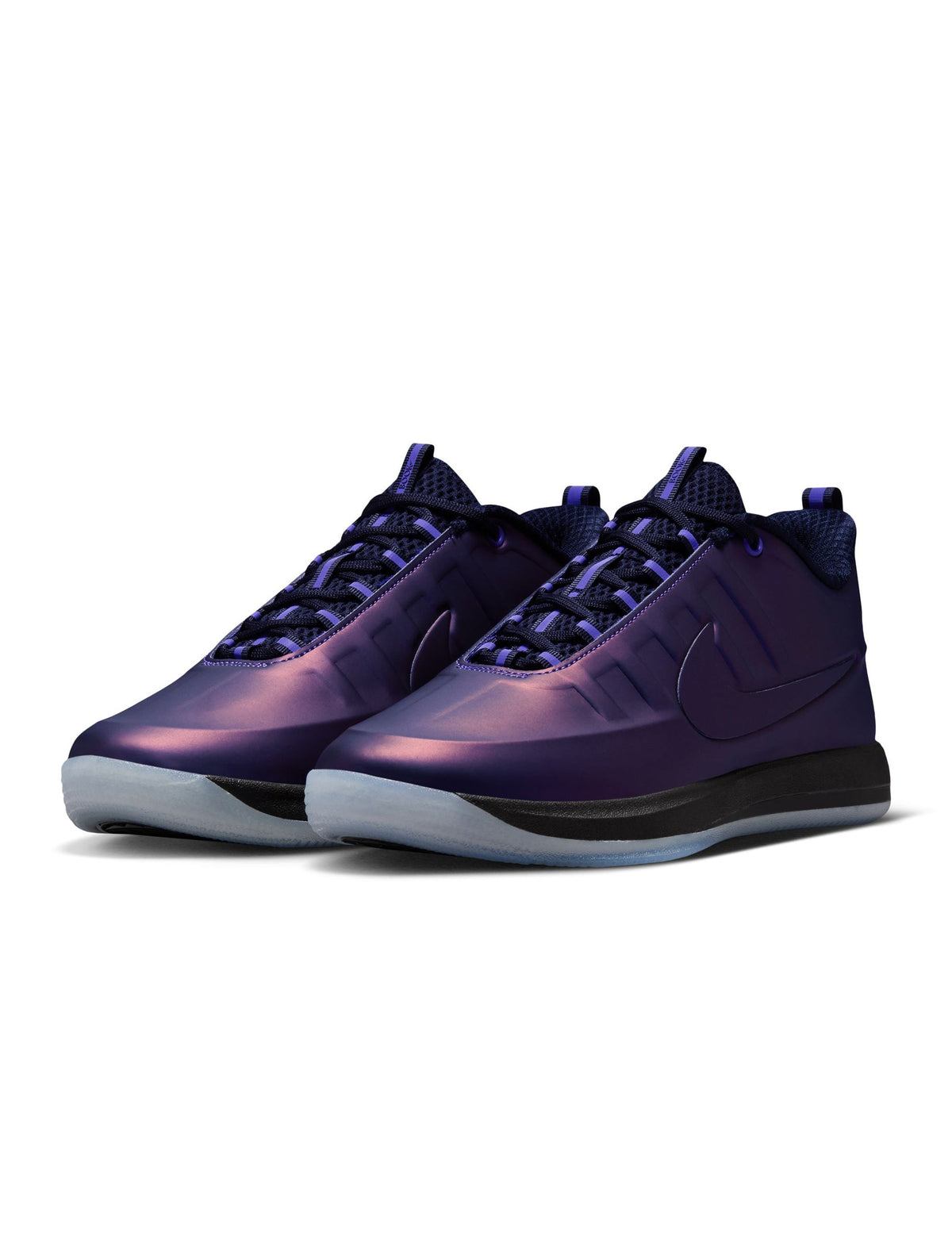 Nike Mens Book 2 Premium Eggplant Foamposite men's footwear in purple with sleek design and textured material.