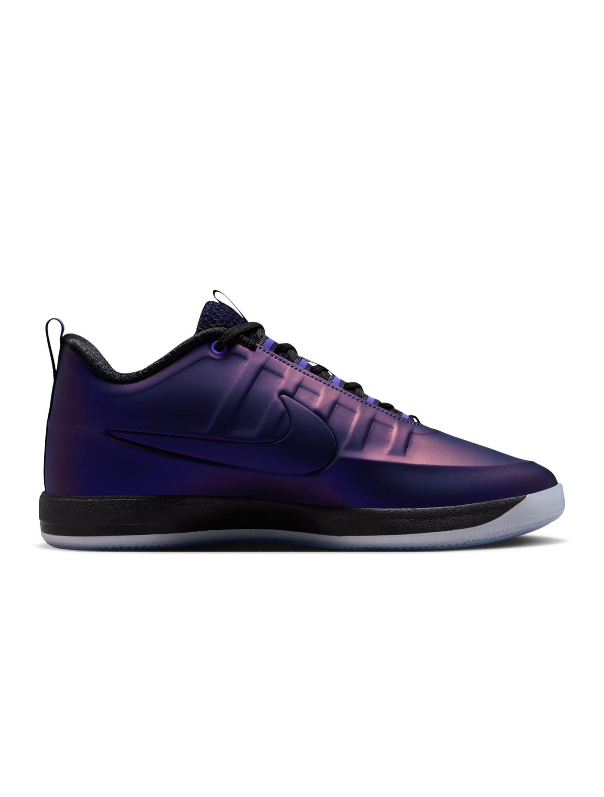 Nike Mens Book 2 Premium Eggplant Foamposite sneaker, purple men's footwear with textured design and Nike branding.