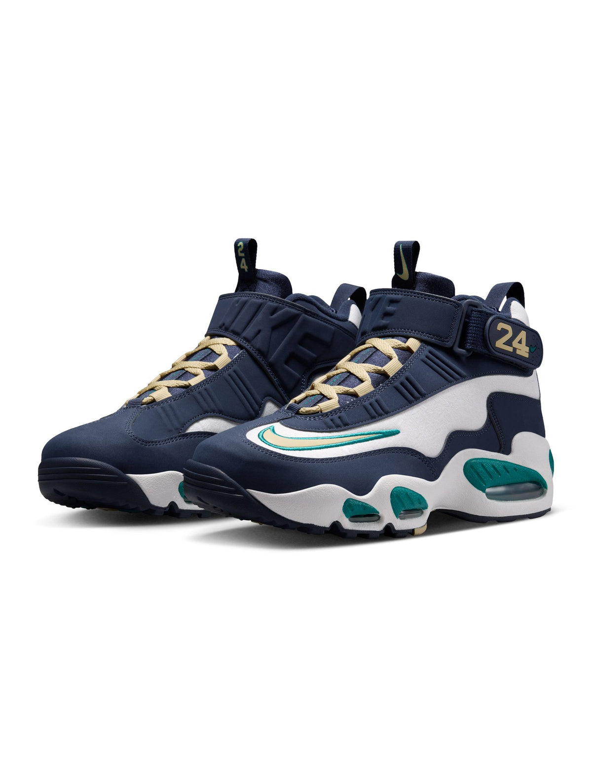 Nike Mens Air Griffey Max 1 HBCU Swingman Classic basketball shoes in navy and white, featuring Nike branding and stylish design.