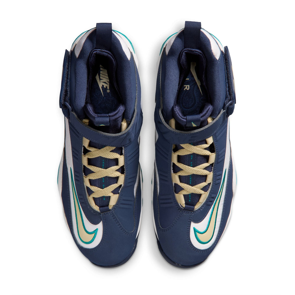 Nike Men’s Air Griffey Max 1 HBCU Swingman classic sneakers in white and navy with red accents, displayed on a plain background.