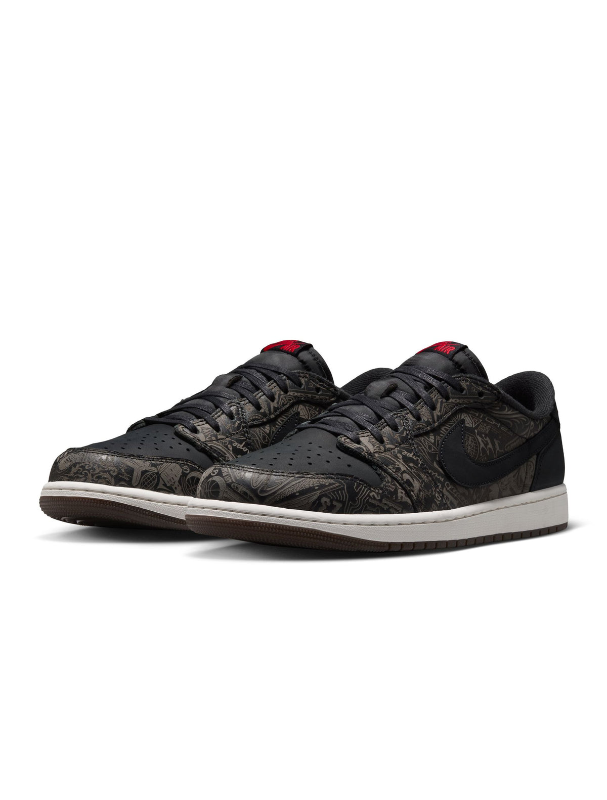 Men's Air Jordan 1 Low OG Laser sneakers in black and white with a sleek design, displayed on a plain background.