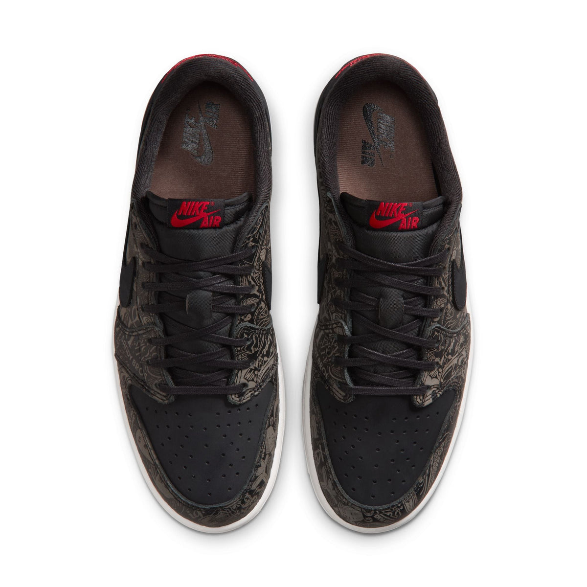Men's Air Jordan 1 Low OG Laser sneakers in black and red, featuring classic Nike branding and sleek leather design.