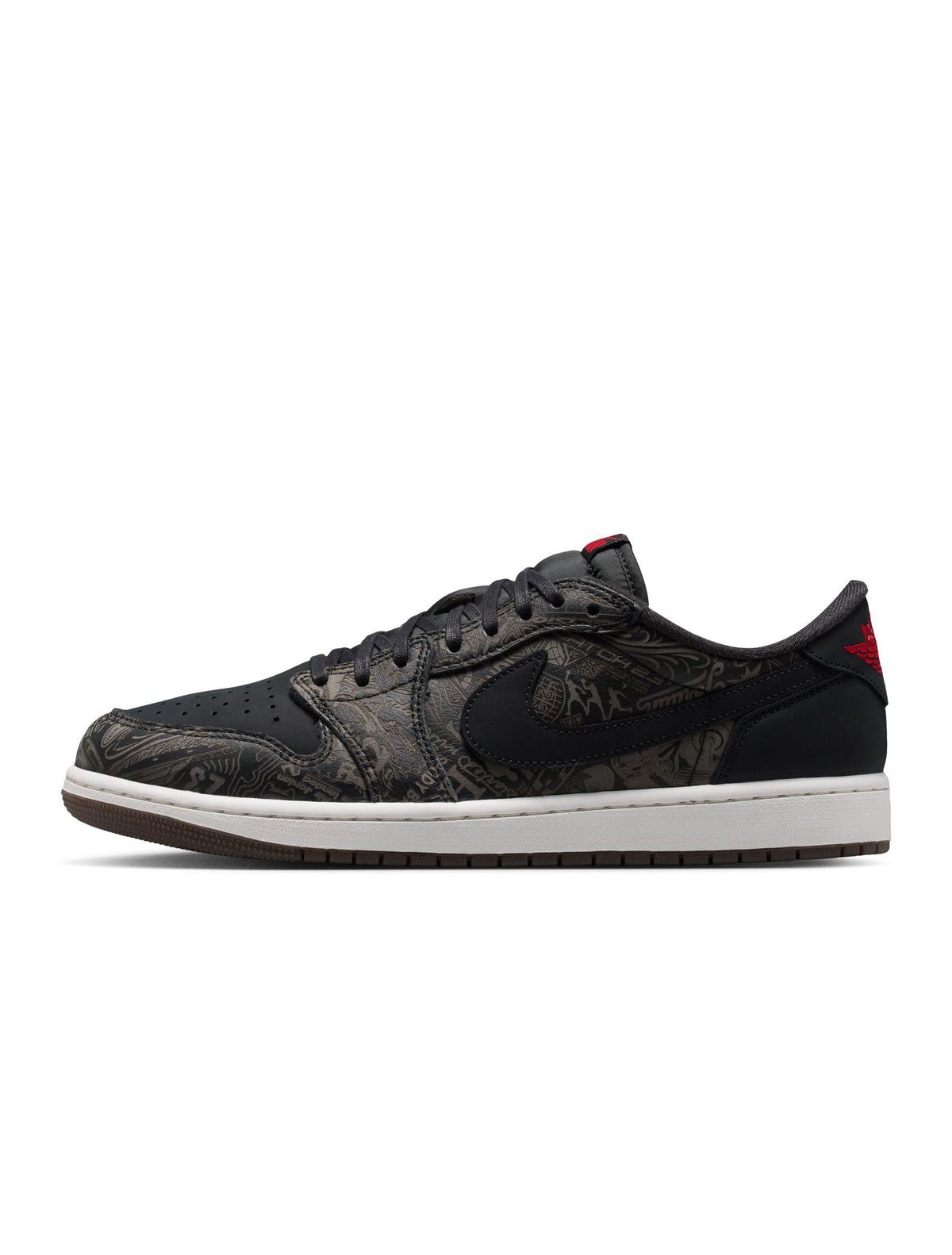 Men's Air Jordan 1 Low OG Laser sneakers in black and red, featuring sleek leather design and iconic branding.
