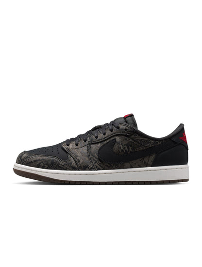 Men's Air Jordan 1 Low OG Laser sneakers in black and red, featuring sleek leather design and iconic branding.