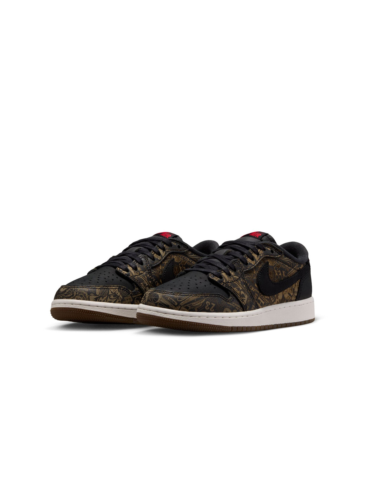 Gradeschool Air Jordan Big Kids 1 Retro Low OG Laser sneakers in black and red with Nike swoosh and low-top design.