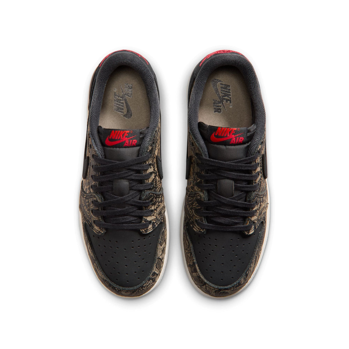 Laser Air Jordan 1 Retro Low OG grade school sneakers in black and red with white accents, showcasing the classic low-top design.