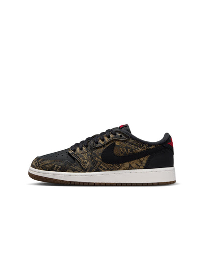 Laser Air Jordan 1 Retro Low OG gradeschool sneakers in black and red colorway, displayed on a white background.