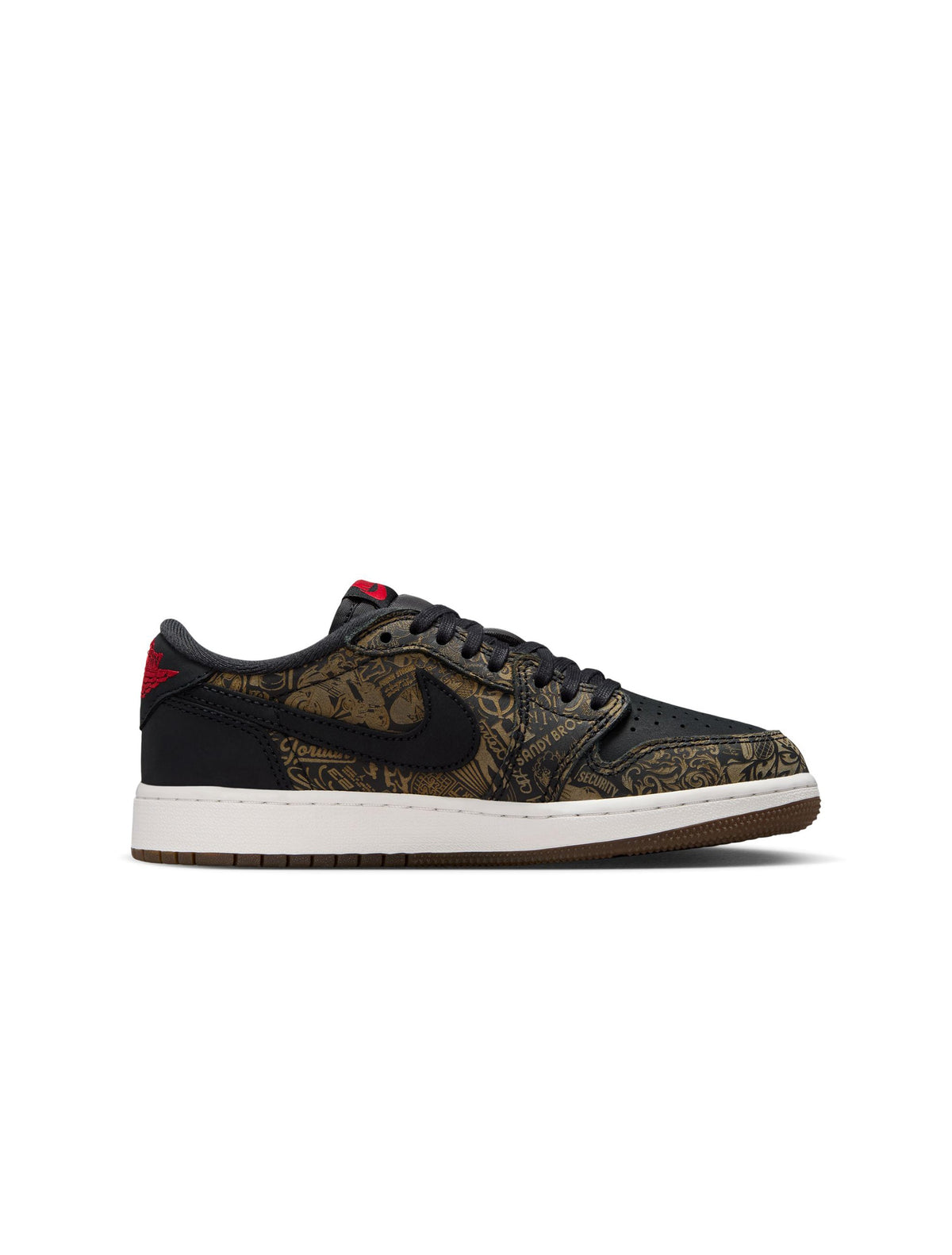 Laser Air Jordan 1 Retro Low OG gradeschool sneakers in black and red with Nike swoosh on a clean white background.