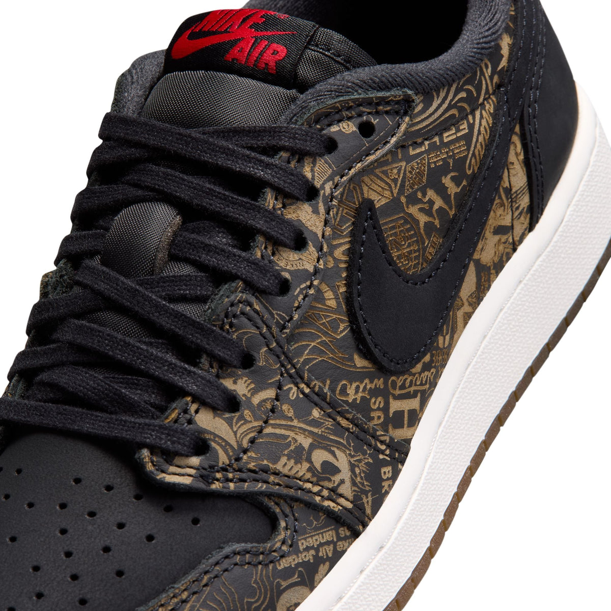 Grade school Air Jordan 1 Retro Low OG Laser sneakers in black and red, featuring Nike swoosh and low-top design.
