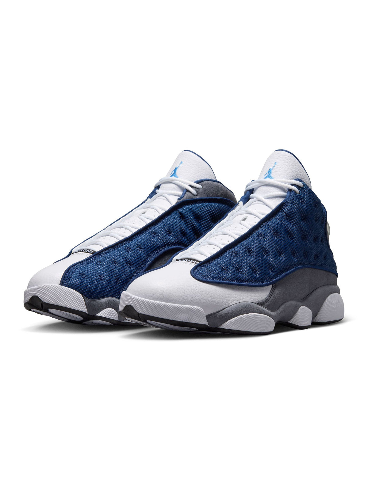 Men's Air Jordan 13 Retro Flint sneakers in blue and grey leather and suede with signature design details.